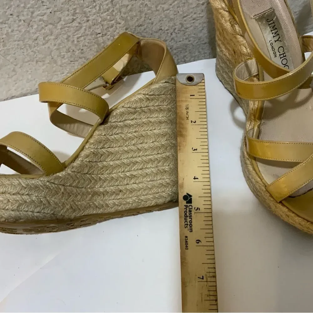 JIMMY CHOO PORTO CRISSCROSS ESPADRILLE WEDGE SANDALS NUDE PATENT LEATHER SZ 39